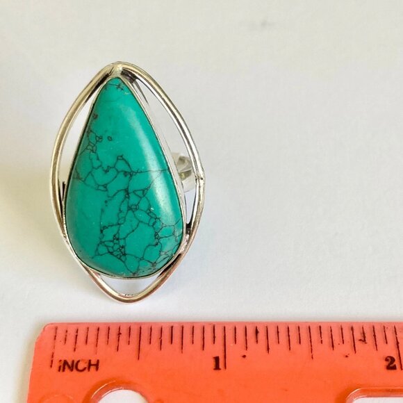Silver Boho Faux Turquoise Cocktail Ring Size 8 Aqua Blue Stone Simulated Plated - Picture 9 of 9